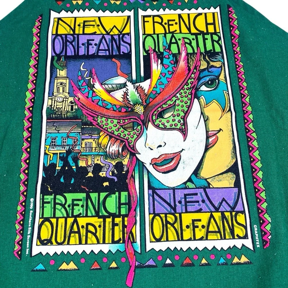 Vintage 1990 New Orleans French Quarter Mardi Gras Apron Mask‎ Green Souvenir